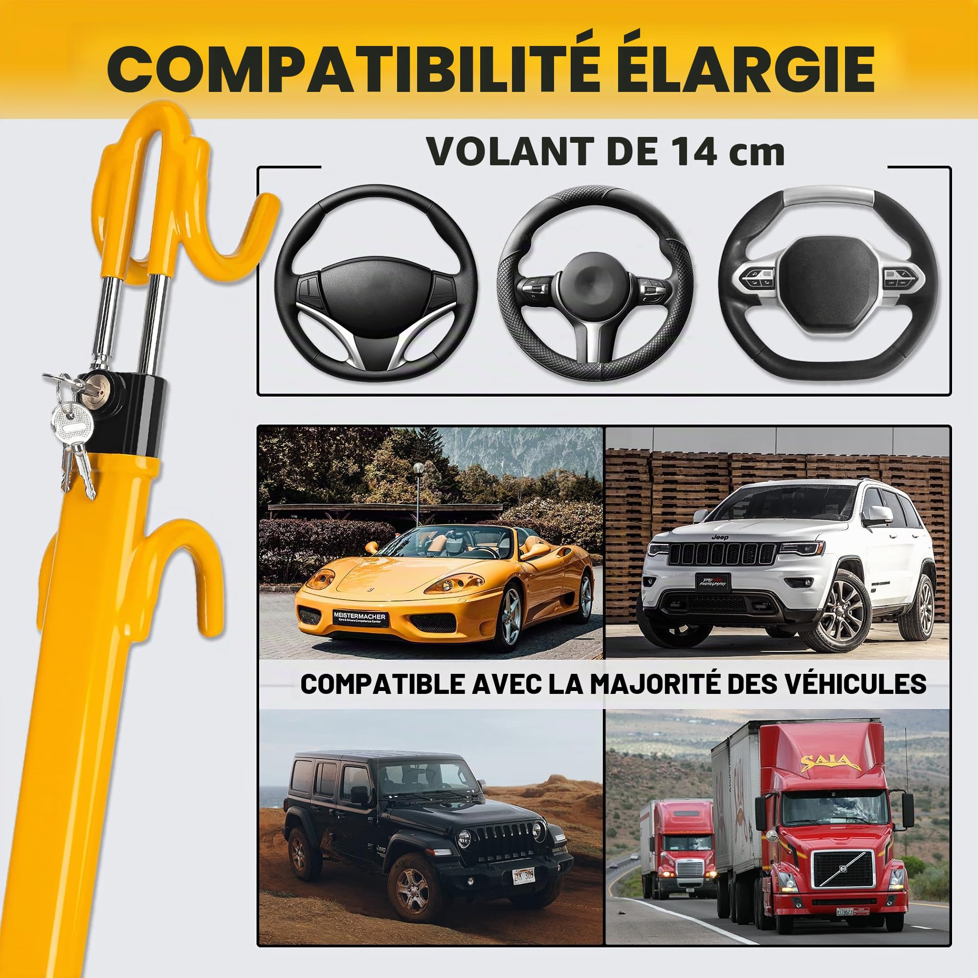CARTMAN Antivol de volant robuste pour voiture - Dispositif de sécurité de voiture - Grande dissuasion - Réglable - Pour véhicule et camion - Avec 3 clés
