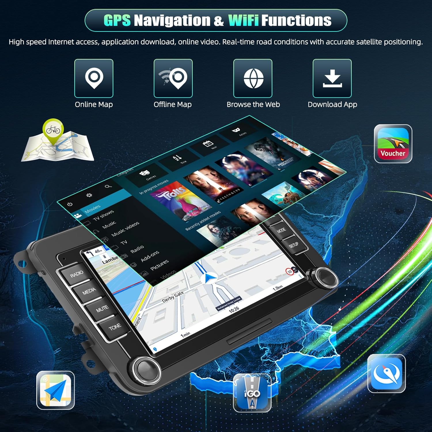 Diagram showing examples of car dashboards where the CAMECHO car radio can be installed (green checkmarks) and where it cannot be installed (red crosses), based on the original car radio's shape and size.