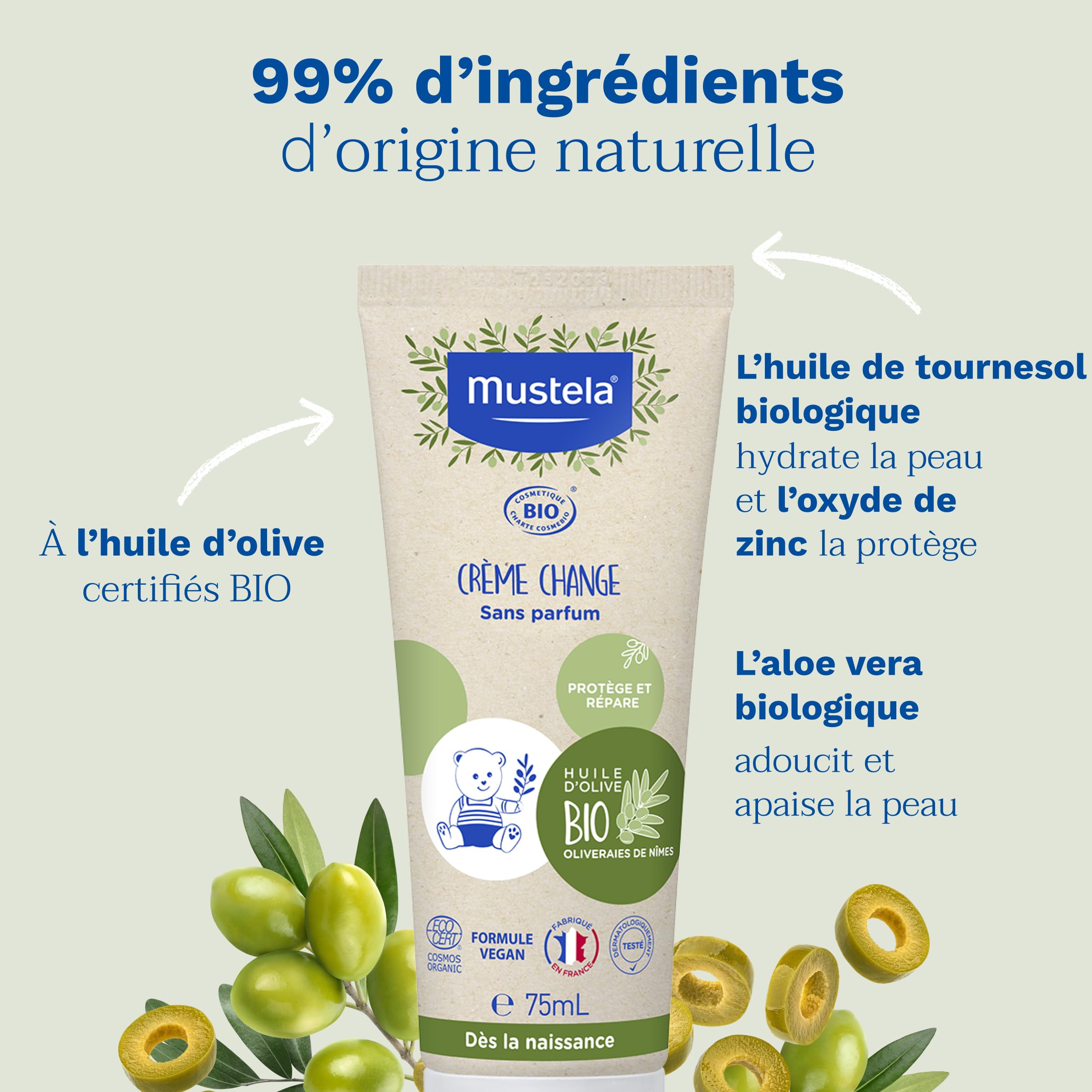 Mustela - Crème Change Bébé à l'Huile d'Olive Bio - Soin Protecteur et Apaisant Bio - Huile d'Olive, Aloe Vera et Oxyde de Zinc - Crème Change pour l'Hygiène Bébé Sans Parfum - Dès la Naissance