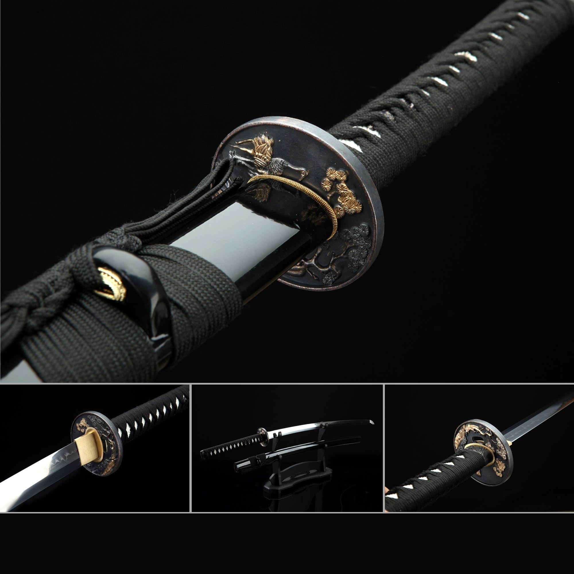 Auwiy Platinum Quality Fully Handmade Japanese Katana Samurai Sword (Black-Pine)