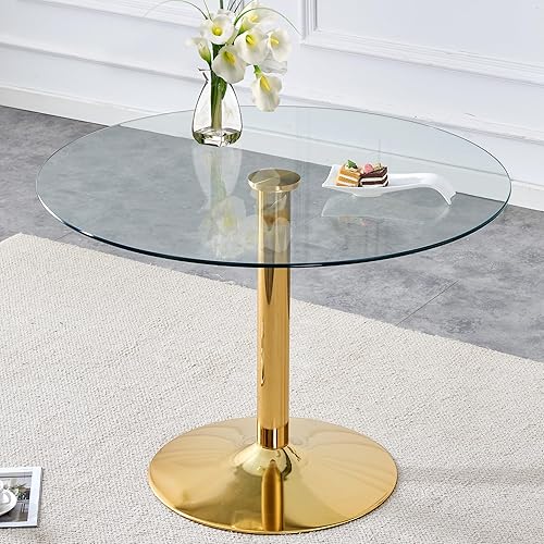 Miniatura 9 de Mesa de comedor de cristal de 40 pulgadas, mesa de comedor redonda con vidrio templado de 0.3 pulgadas y patas de metal cromado, fácil de limpiar,