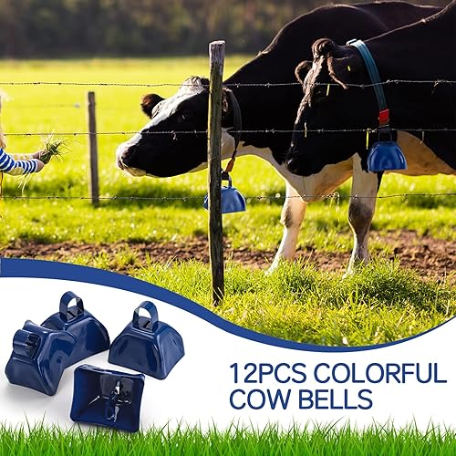 Miniatura 4 de Foraineam Paquete de 12 cencerros de metal con asas, alarma de llamada ruidosa azul, instrumentos musicales de percusión de mano para eventos