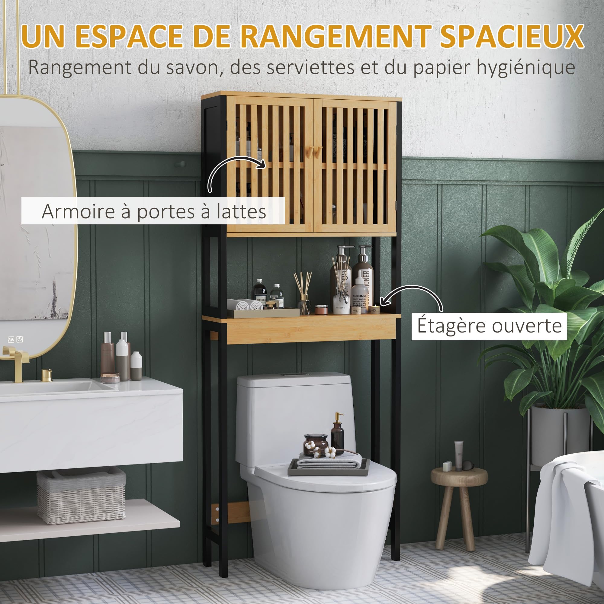 HOMCOM kleankin Regał łazienkowy szafka łazienkowa blat toalety z 2-drzwiową szafką i otwartą półką 60 l x 21,5 l x 172H cm Bambus - naturalne drewno i czarny