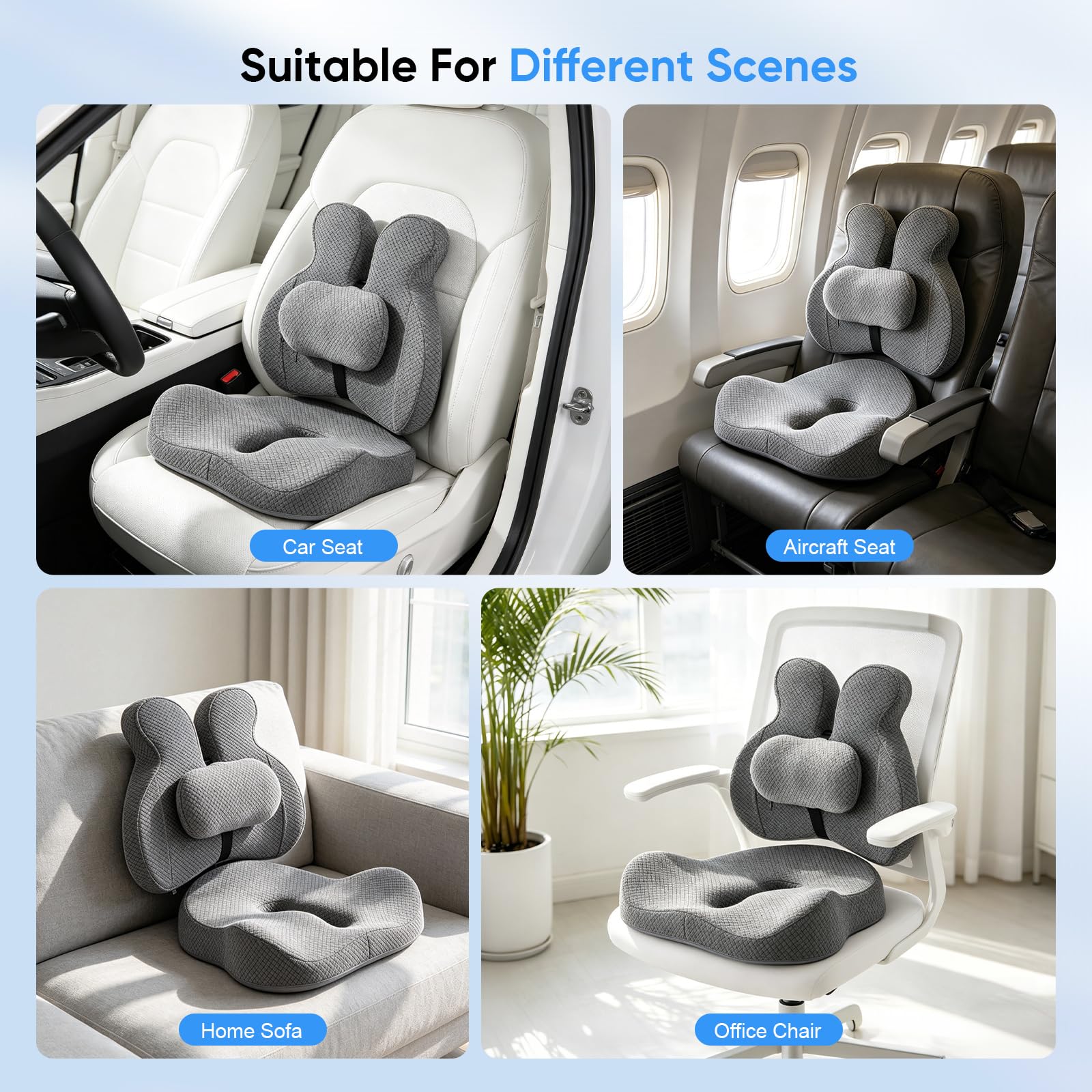 Cuscino ortopedico 3 in 1 per auto, con supporto lombare e cuscino per coccige, in memory foam ergonomico, traspirante, assorbe il sudore, antiscivolo, per sedia da ufficio e gaming