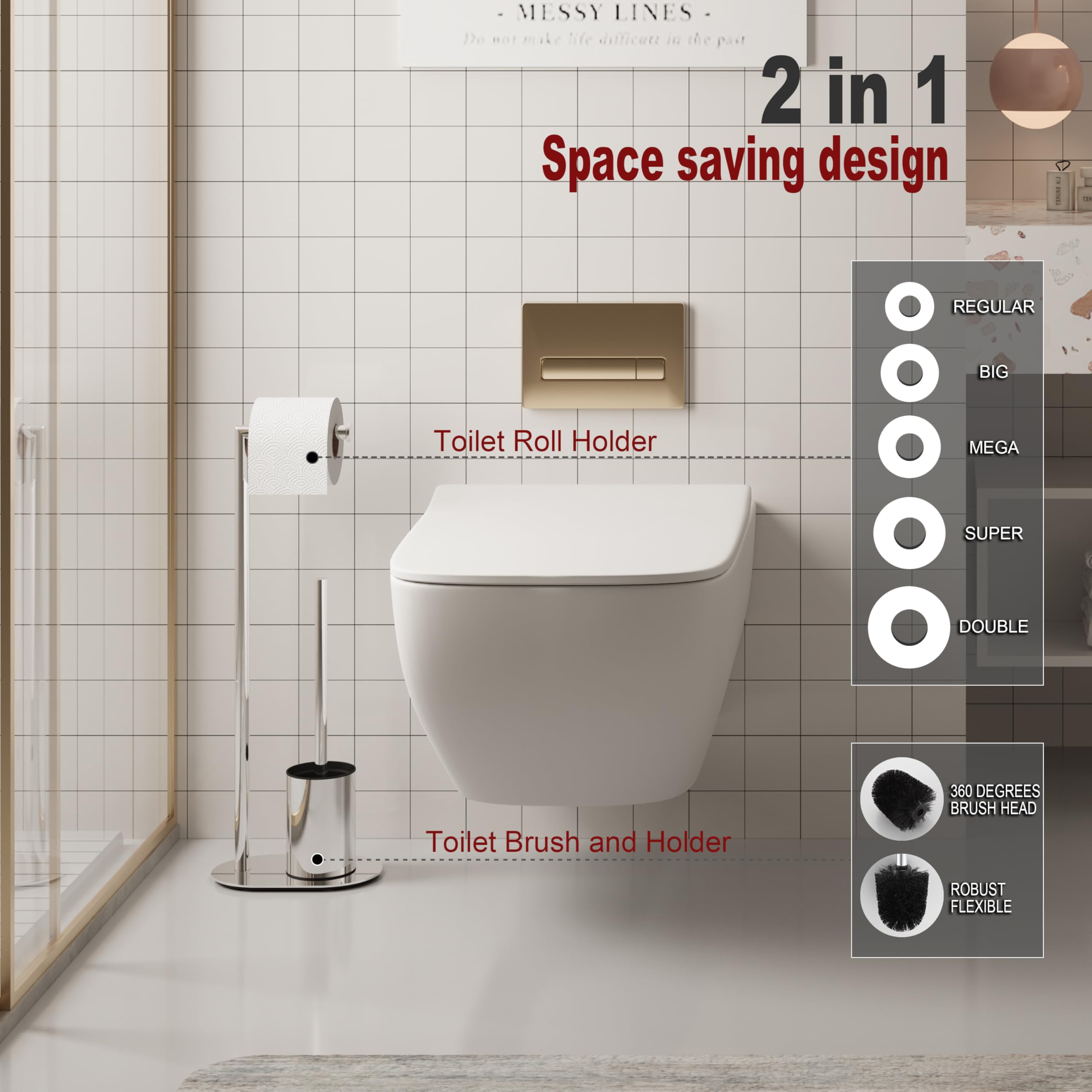 BVL Porte Papier Toilette Avec Brosse WC Chrome, Porte Rouleau Papier Toilette Debout En Acier Inoxydable Avec Brosse, Base Ovale Set