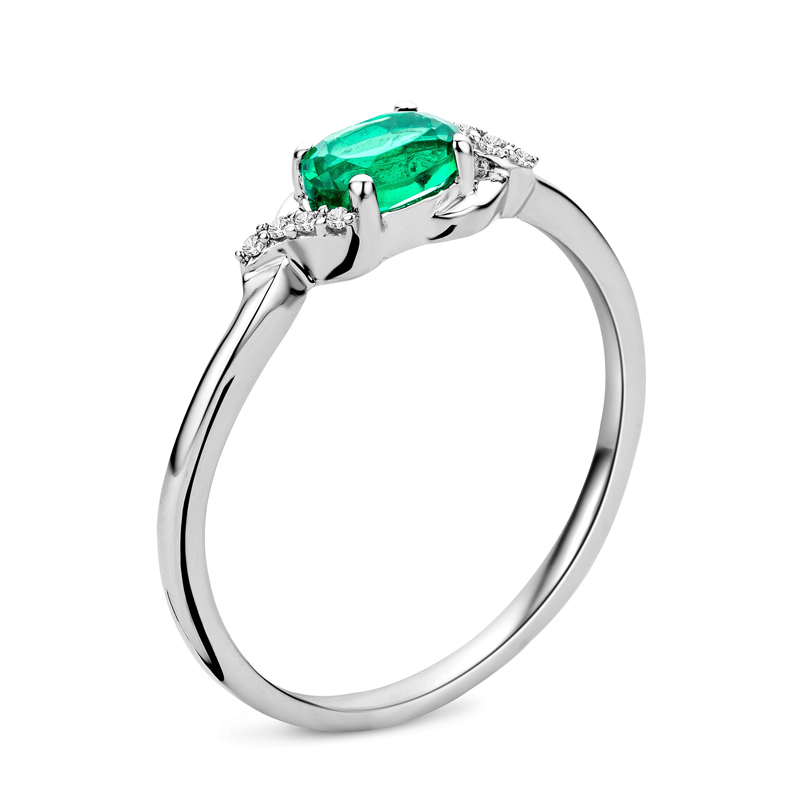 MIORE Jewelry Anillo de compromiso para mujer de 0,03 quilates con esmeralda verde/zafiro azul y 8 diamantes, oro blanco brillante, solitario de diamantes y gema de 9 quilates (375) de oro