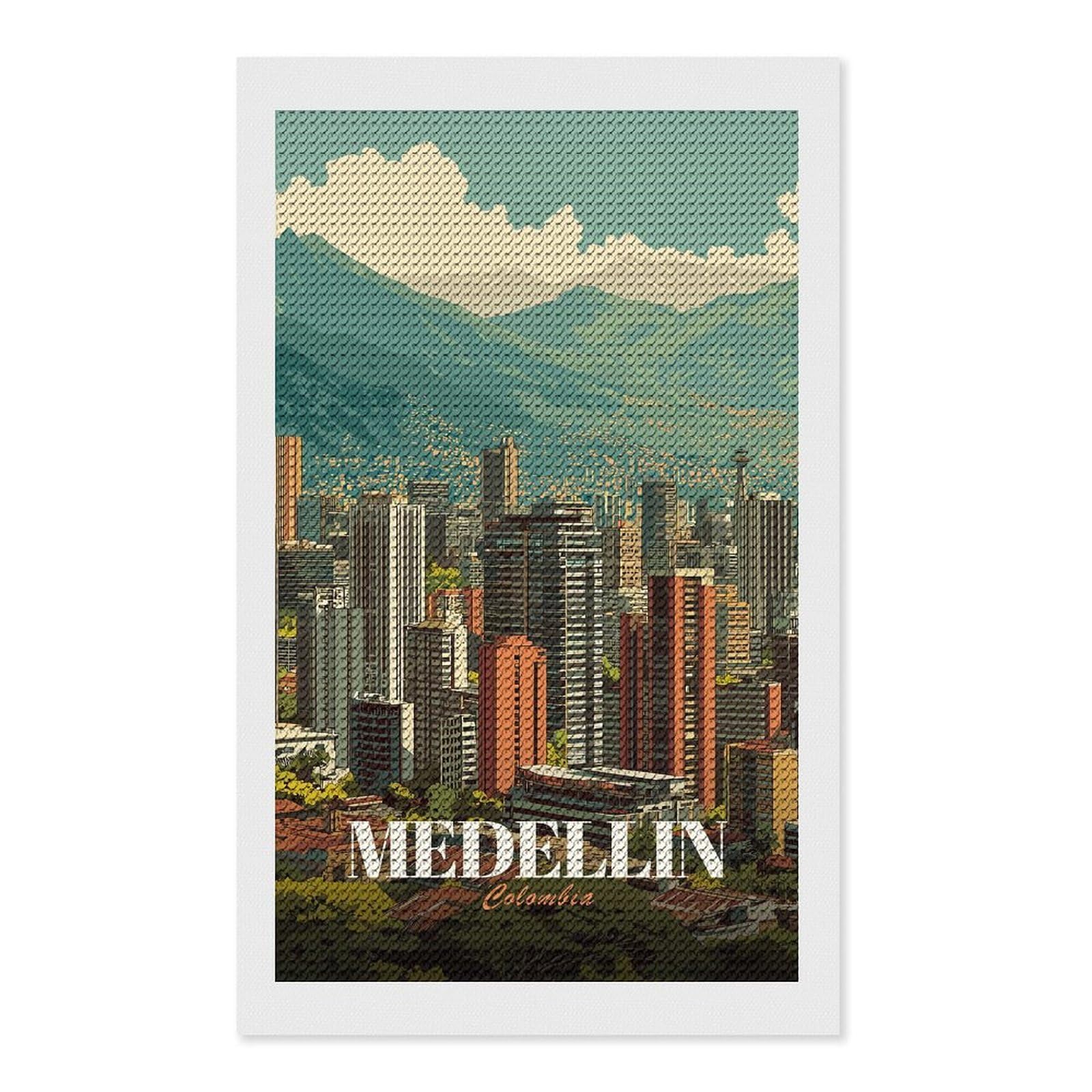 Junmoney Medellin, Colombia Cityscape Diamond Painting Canvas Kit 12"x20", Relaxing DIY, Modern Decor, Aesthetic Room Decor, Home Wall Art, Wall Art Gift