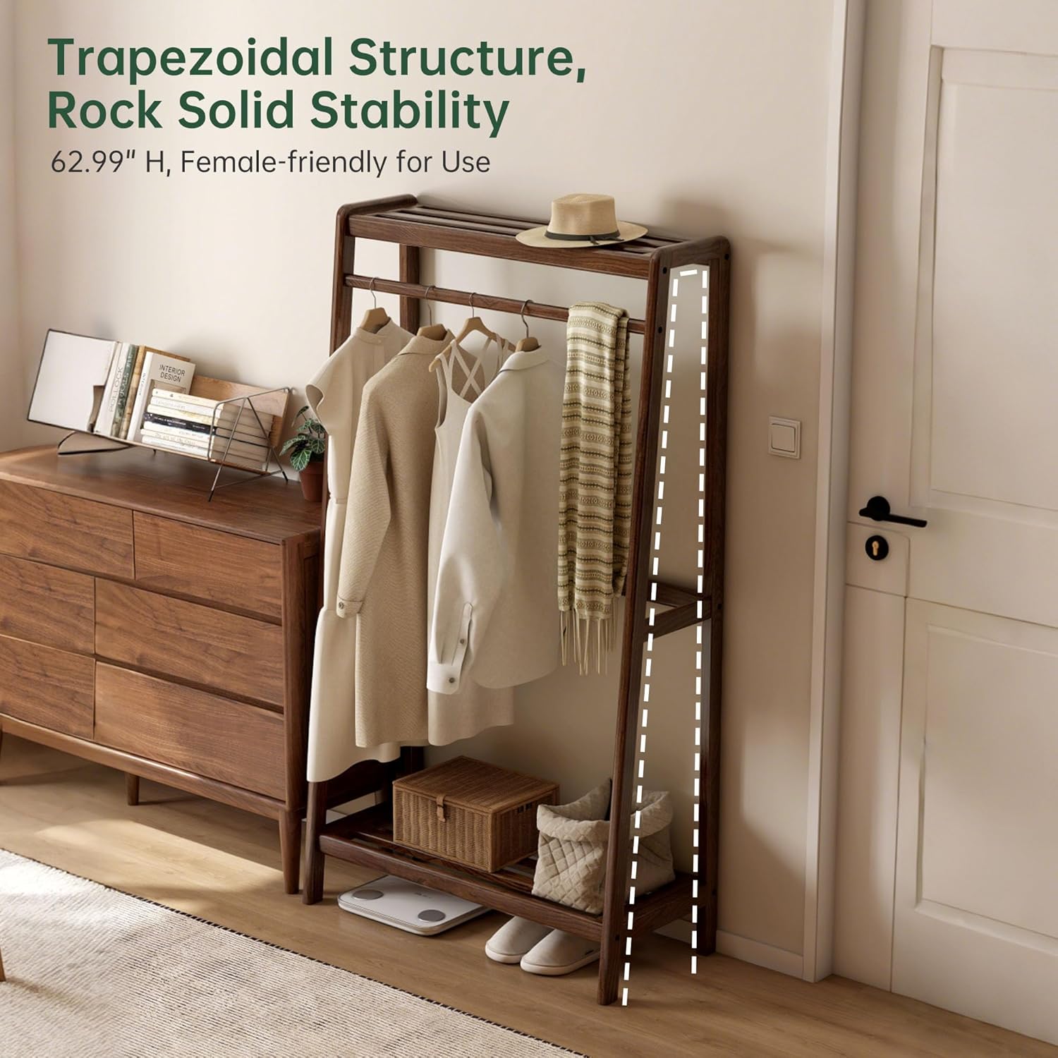 Solid Wood Clothes Rack, Clothing Rack with 2 Shelves Storage, Floor-Standing Coat Rack for Bedroom, Living Room, Entryway,Walnut