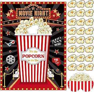 Faccito Movie Night Party Game Pin The Popcorn on The Box Large Poster with 24 Popcorn Stickers Blindfold Carnival Game Set for Movie Theater Carnival Birthday Party Decoration Activities Supplies