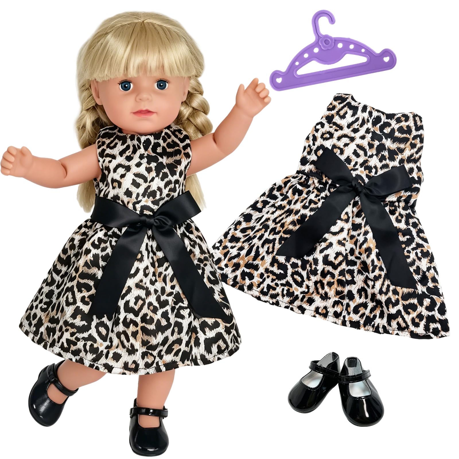 3 Pcs Baby Doll Clothes for 14–17 Inch Dolls, Leopard Print Doll Dress with Black Ribbon Belt, Doll Shoes & Hanger, Fashion Doll Outfit Accessories for 35–43 cm Baby Dolls, Gift for Girls