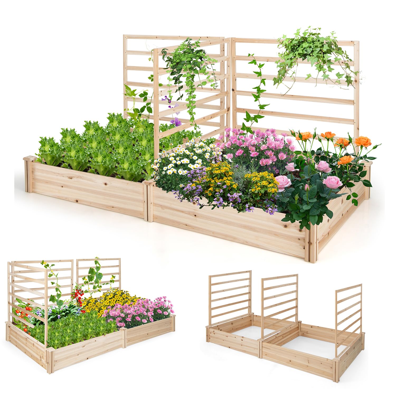 RELAX4LIFE Jardinère Surélevé en Bois avec 3 Treillis, 2 Bacs à Plantes Carré Potager surélevé Extérieur 2.2X 1.2x1.1M, Bac à Plantes Surélevé sans Fond pour Fruits Légumes Fleurs Herbes, KX8439FR