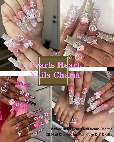 Miniatura 5 de BELICEY 200 dijes de perlas de corazón blanco sagrado de estilos mixtos con parte posterior plana, lazo de estrella para uñas, diseño de perlas