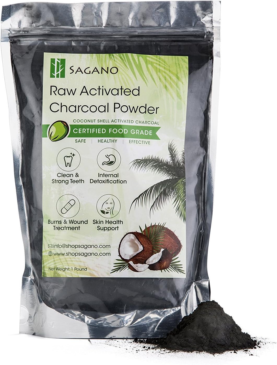 Activated Charcoal Powder 1LB by Sagano - Food Grade Coconut Charcoal Toothpaste, Natural Teeth Whitening Solution, Body Detox, Skin Cleanser, DIY Peel Off Mask, Blackead Remover. 9-12 Months