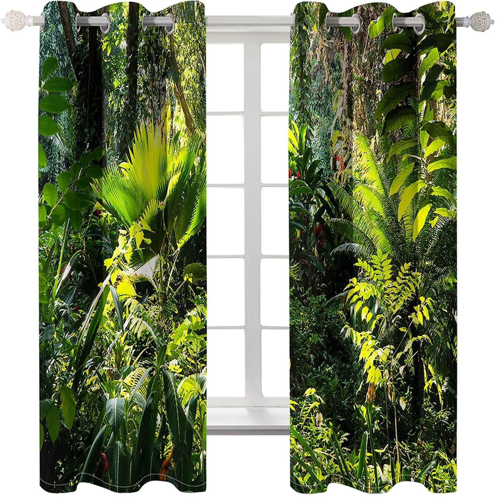 2 Pezzi Set 2 Tende Oscuranti,2 x 137W x 244H CM,Tenda con Occhiello Piante Tropicali Tende Verde Marrone Ufficio