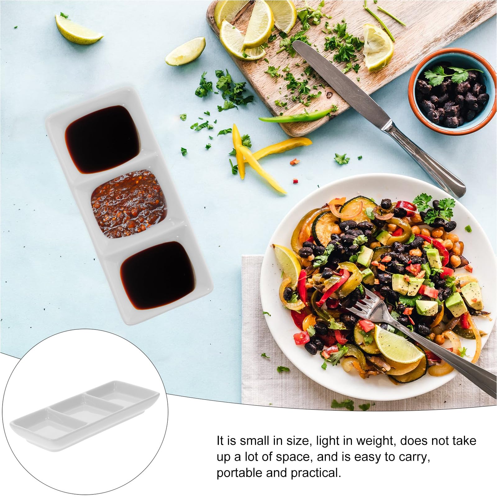 Healeved Salse in Ceramica Bianca per Condimenti 3 Scomparti Set di 5 Piattini Leggeri su Tavola da Pranzo o Negozi Alimentari