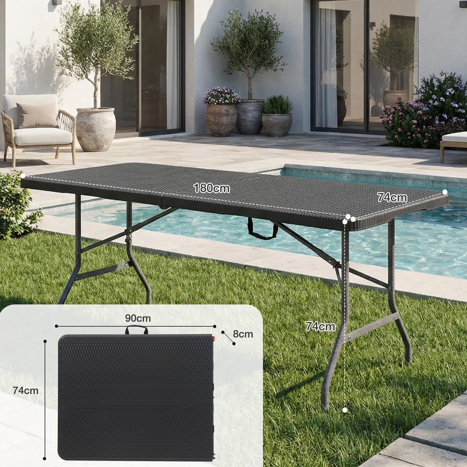 Sekey Tavolo da buffet pieghevole in plastica, 180 x 74 x 74 cm, effetto rattan, con maniglia, per giardino, terrazza e balcone, tavolo da campeggio per 6 persone (nero)