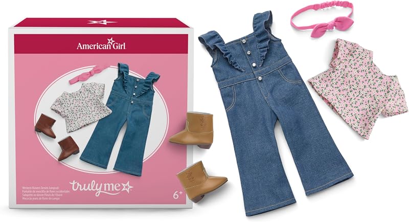 American Girl Truly Me, 18-inch Doll Clothes, Western Flowers Denim Jumpsuit, with Cowboy Boots, Ages 6+