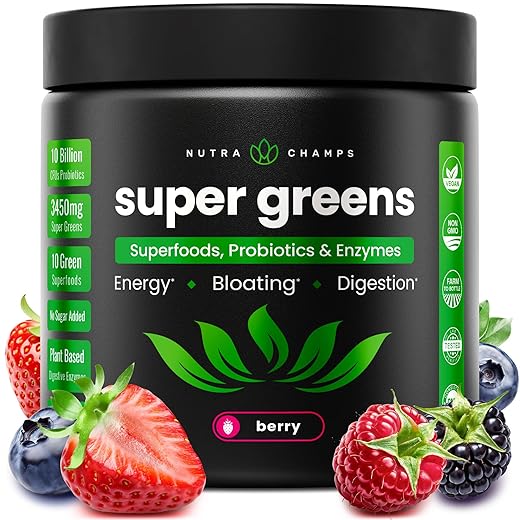 Super Greens Powder Premium Superfood | 20+ Organic Green Veggie Whole Foods | Wheat Grass, Spirulina, Chlorella & More | Antioxidant, Digestive Enzyme & Probiotic Blends | Vegan Juice Supplement