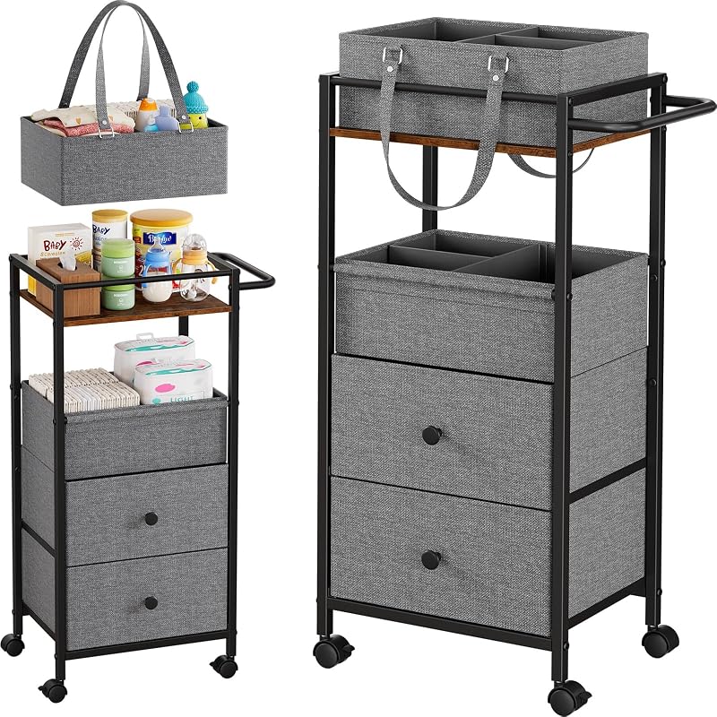 3In1 Modanais Baby Diaper Caddy Organizer Cart with Drawers, Black | Rolling Storage Cart, Removable Diaper Caddy, Detachable Dividers - for Crib, Bedroom, Art & Craft Organizer