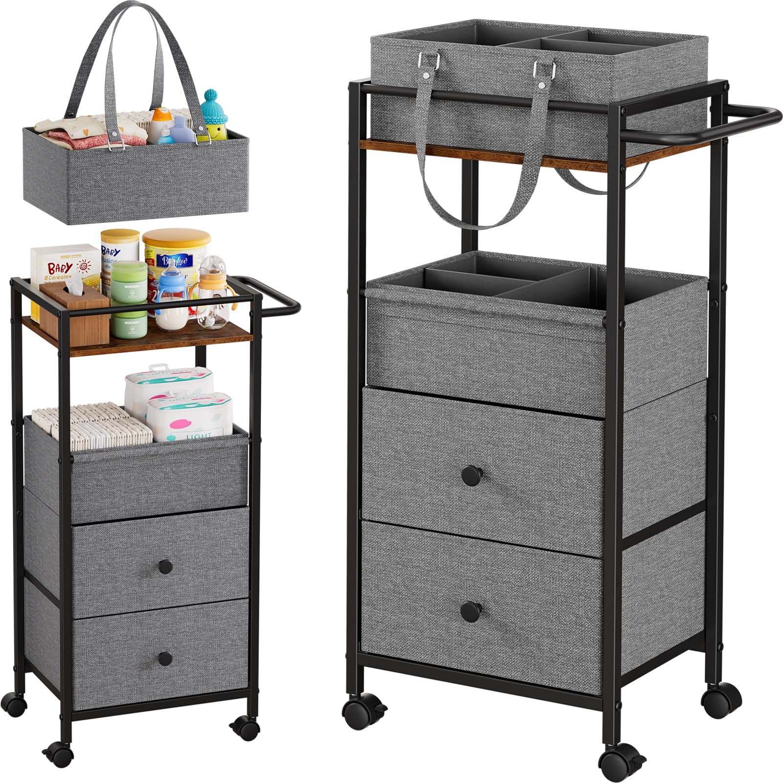 Modanais Baby Diaper Caddy Organizer Cart with Drawers - 3In1 Rolling Storage Cart with Wheels Removable Diaper Caddy