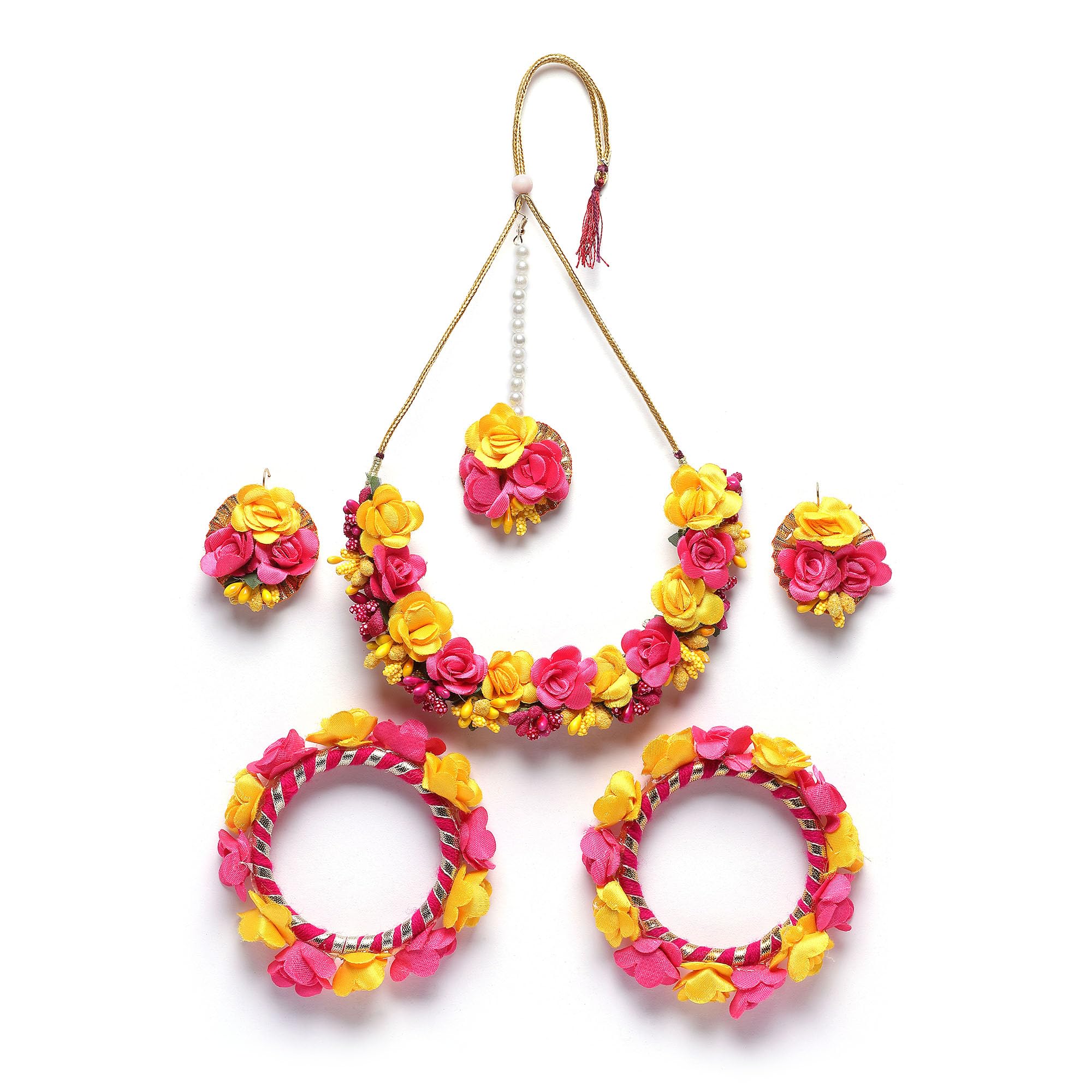 ZENEMEWhite & Gold Pearl Tasselled Gota Patti Floral Beaded Haldi & Mehendi Necklace With Earrings, Maang Tikka & Bracelet Jewellery Set For Girls and Women