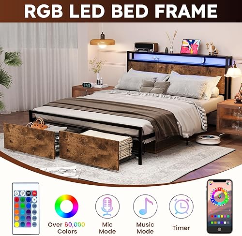 Miniatura 56 de Base de cama de tamaño matrimonial con cabecero, plataforma LED con 4 cajones de almacenamiento, estación de carga integrada, sin ruido, base de