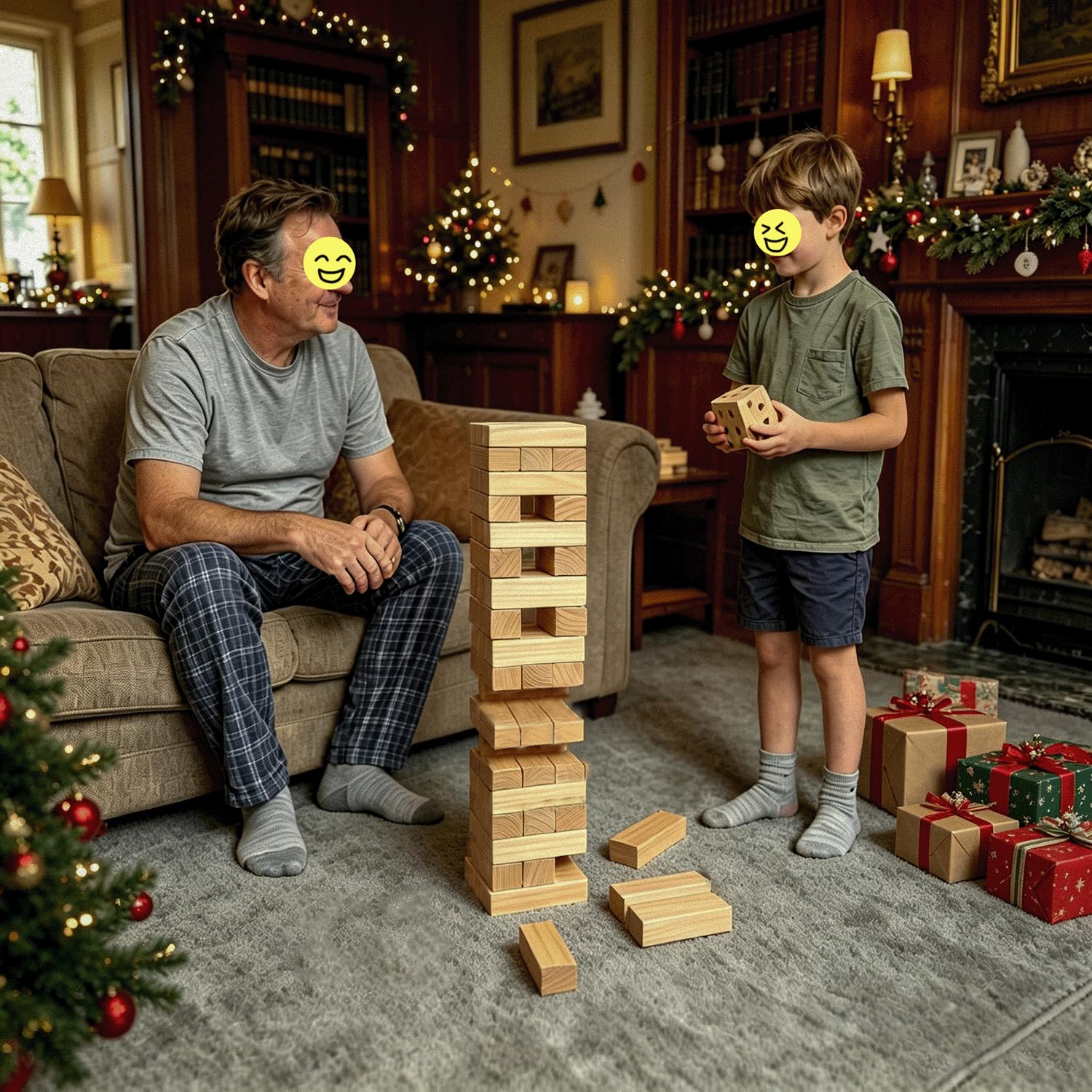 Jumbo Holz Trommelturm Spiel mit Würfel und Tragetasche, 54 Teile, Bausteine 60-150cm