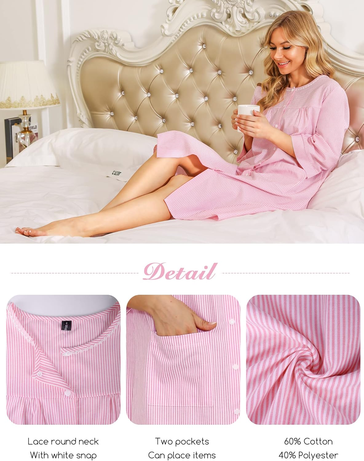 Bloggerlove House Dress Women Cotton Snap Front Nightgown 3/4 Sleeve Housecoat Duster Robe with Pockets Moomoo Patio Dress - Image 5