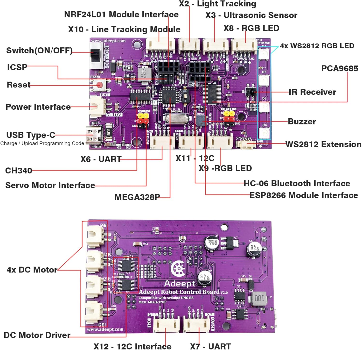 Adeept Mecanum Wheel Smart Car Kit(Compatible with Arduino IDE), Line Tracking, Light Tracing, Obstacle Avoidance, Servo Motor, OLED Display, Buzzer, LED Dot Matrix Display