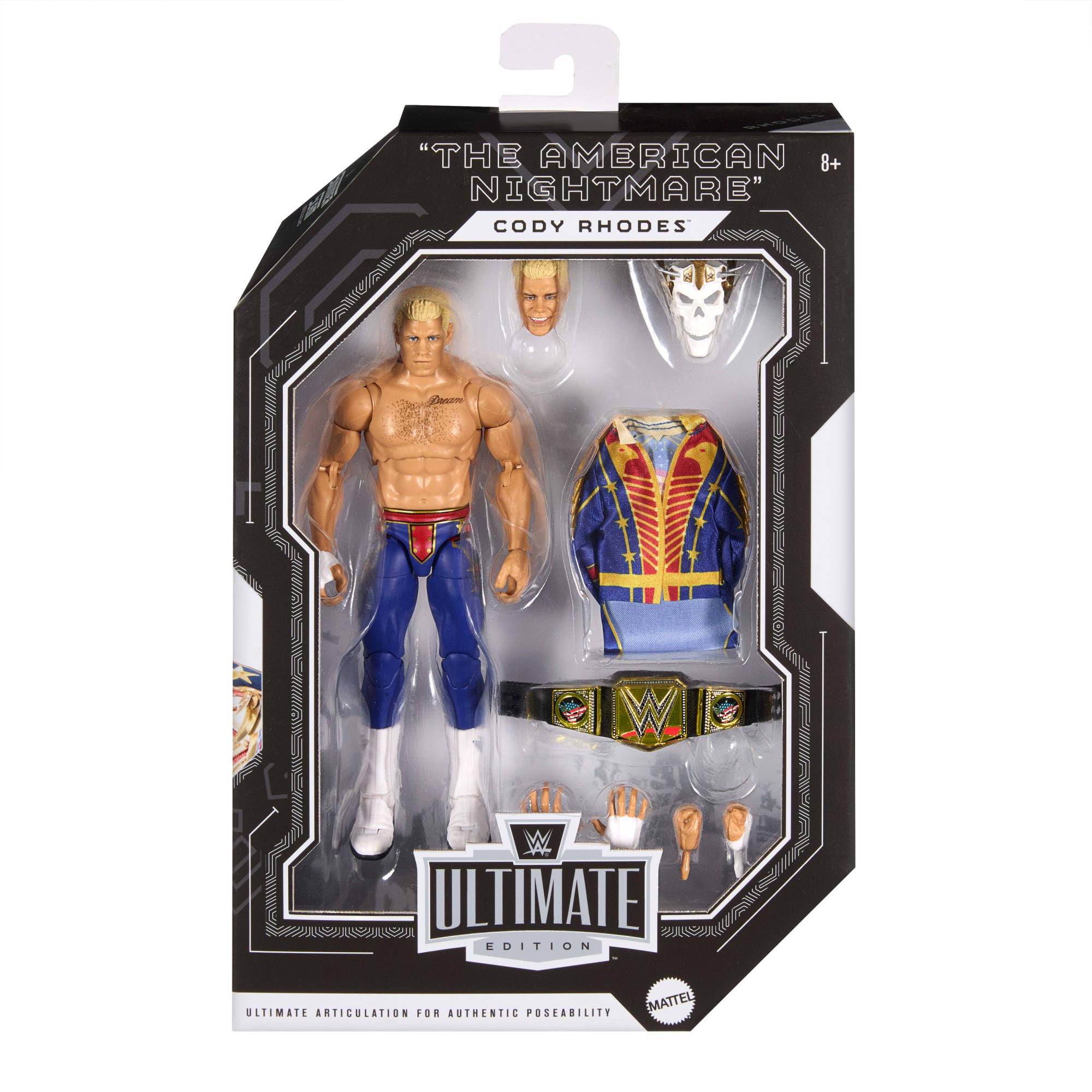 Mattel WWE Ultimate Edition SummerSlam „The American Nightmare” Cody Rhodes Zestaw, figurka i akcesoria, wymienne głowy i dłonie, zabawka dla dzieci 8+, fanów i kolekcjonerów, JKD33