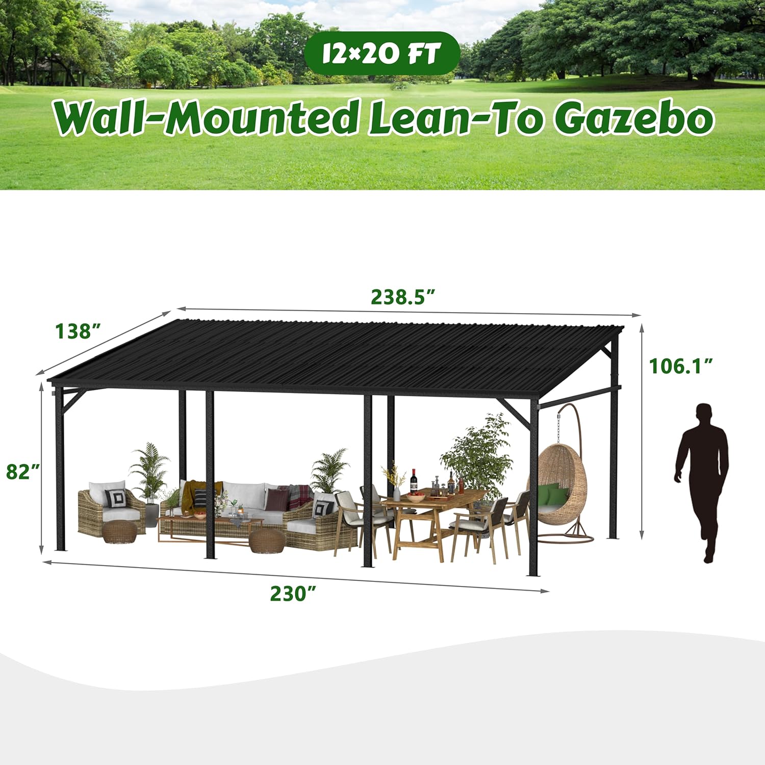 Dimensions of the Yardenaler 12x20 Wall Mounted Lean-To Gazebo.