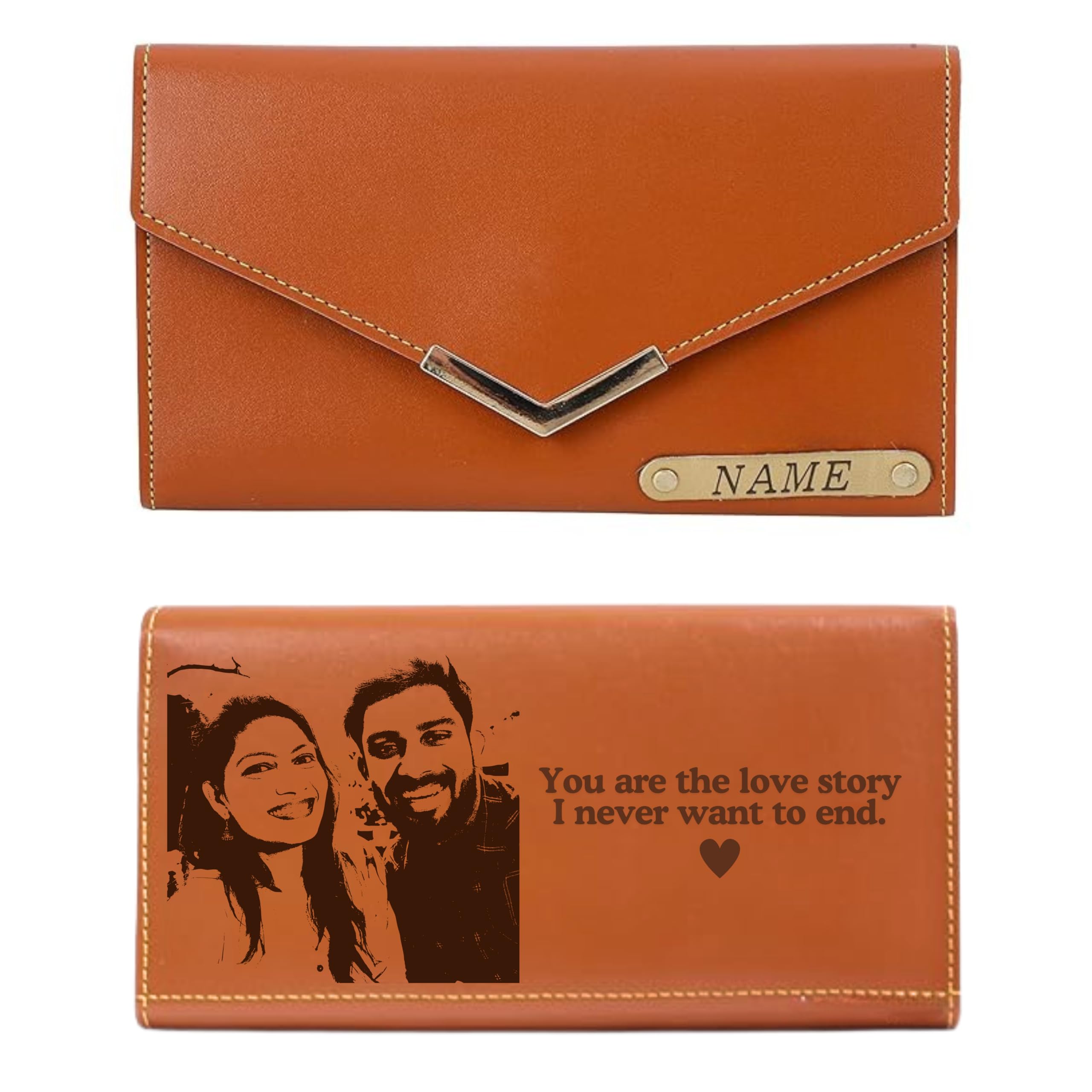 Women's Personalized Leather Wallet with Name & Image. Customized 3-Fold Ladies Clutch. Stylish Purse Gift for Girlfriend Wife Mother Sister Birthday Anniversary -Tan Brown color-image-4