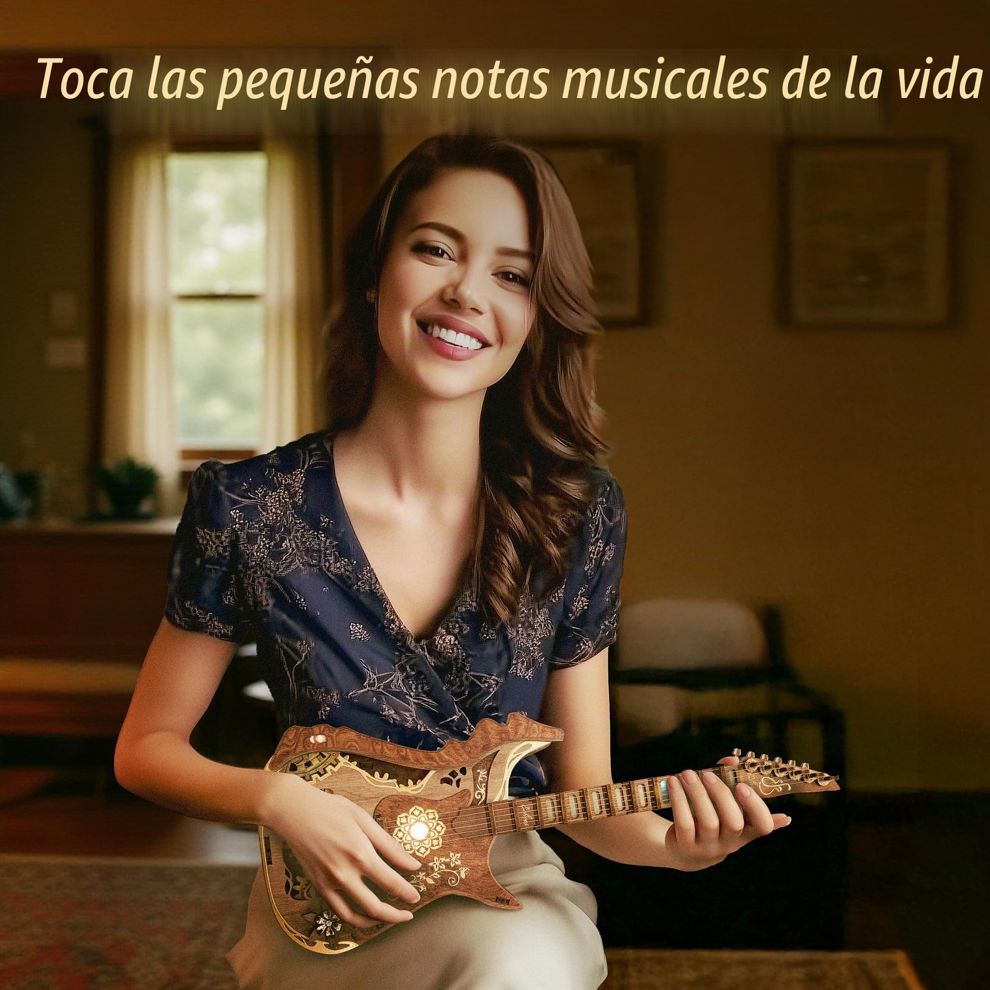 FUNPOLA Puzzle 3D de madera guitarra de acordes LED Kit – Maquetas para Construir para Adultos, modelo de guitarra acústica tocable con luces LED, puzzle musical mecánico DIY para adultos y adolescent