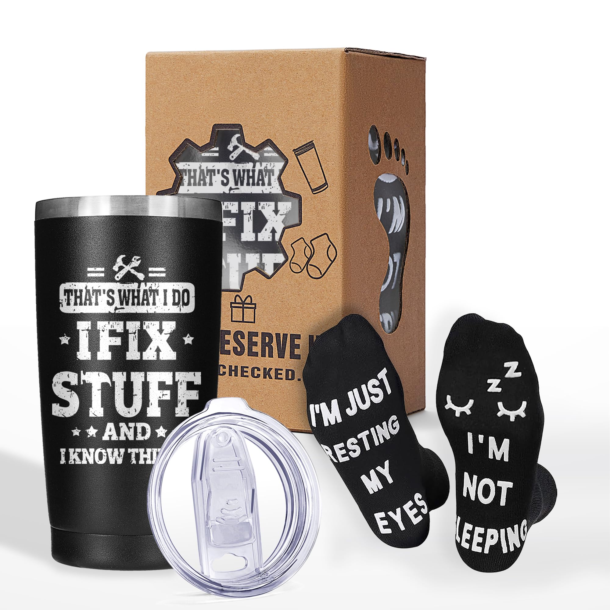 Fathers Day Gift for Dad from Daughter, Son, Thank You Christmas Birthday for Men, Handyman, Grandpa, Coworker Husband, Unique Gift Sets, 20oz Insulated Tumbler Mug Cup with Funny Socks, B-Black