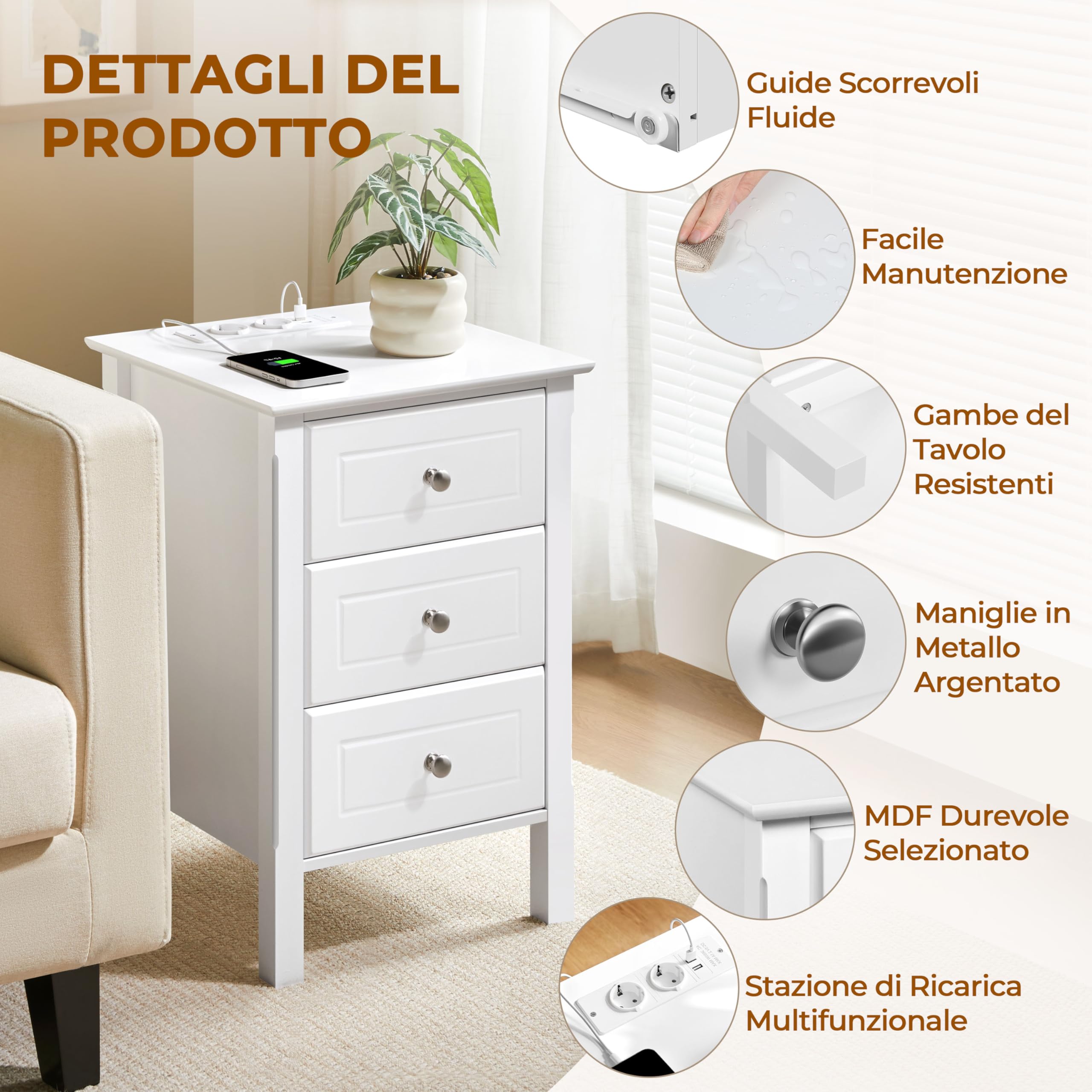 Yaheetech Comodino Camera da Letto con Stazione di Ricarica 2 Porte USB e 2 Prese AC Comodino Smart con 3 Cassetti Salvaspazio Tavolino da Notte Soggiorno (1)
