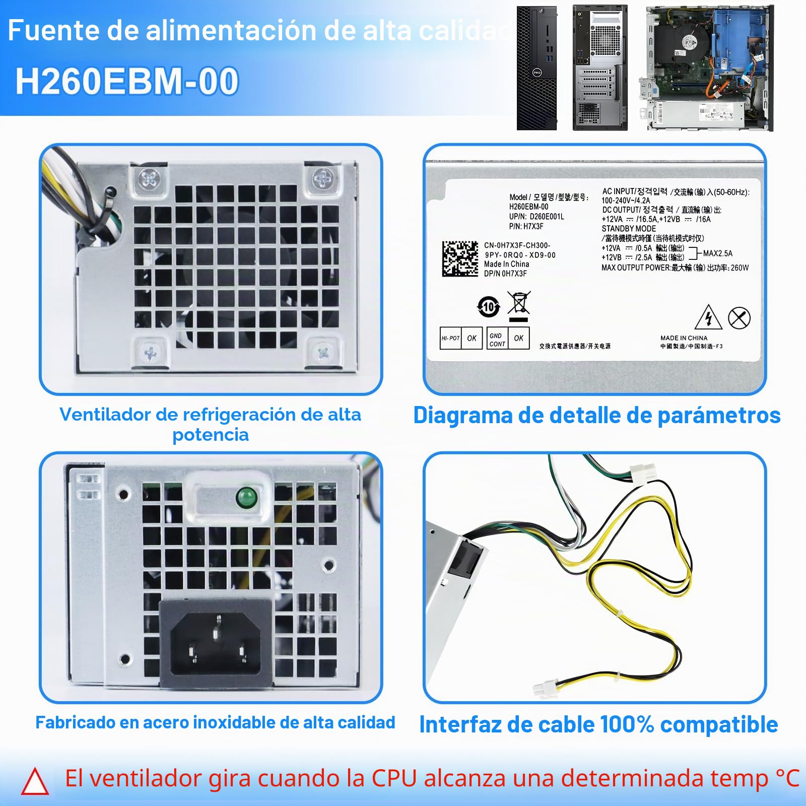 S-Union H7X3F H260EBM-00 - Fuente de alimentación (260 W, compatible con Dell OptiPlex 3050 3060 3050M 5050 5060 7060 7080 3080 5080 5090 7090 7080MT página