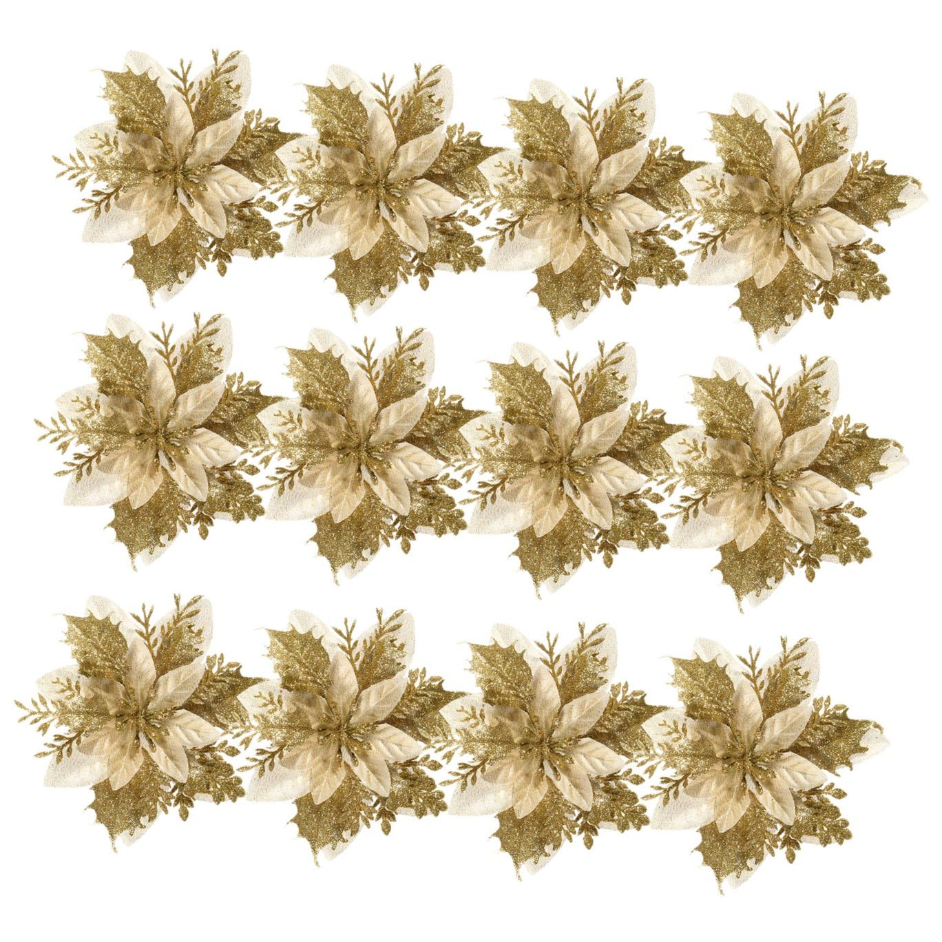 Alipis 12piezas Flores Poinsettia Brillantes para Decoración Navideña con Clips y Stems Adornos para Árbol De Navidad y Fiestas