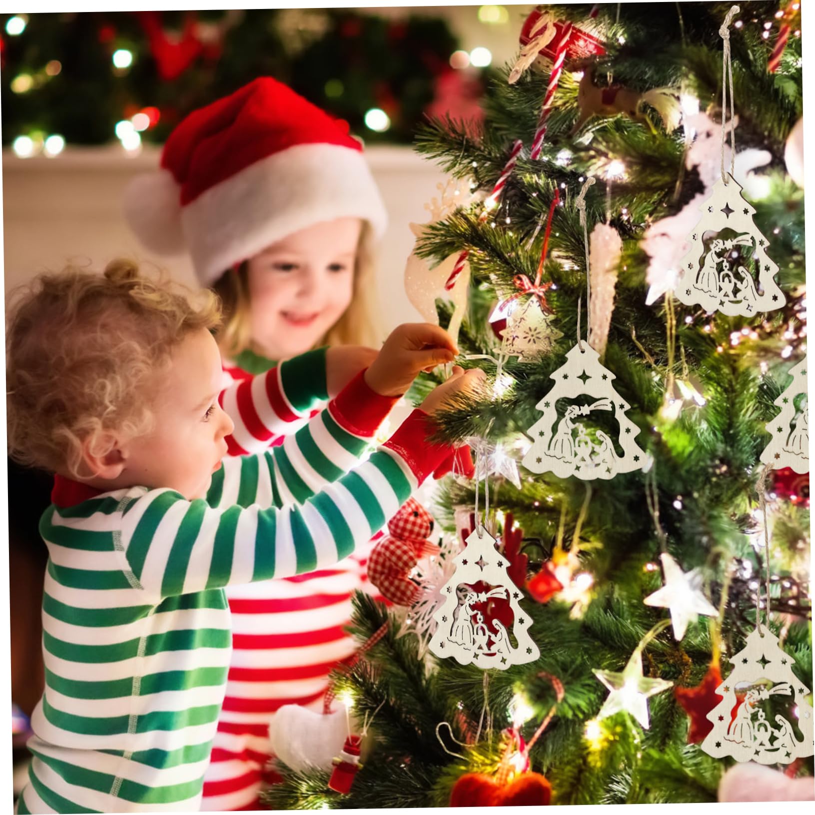 Alipis 90pezzi Ciondoli Legno Per Decorazioni Natalizie Pendente Con Motivo Della Nascita Di Gesù Per Alberi Di Natale e Artigianato Inclusi Funi Juta