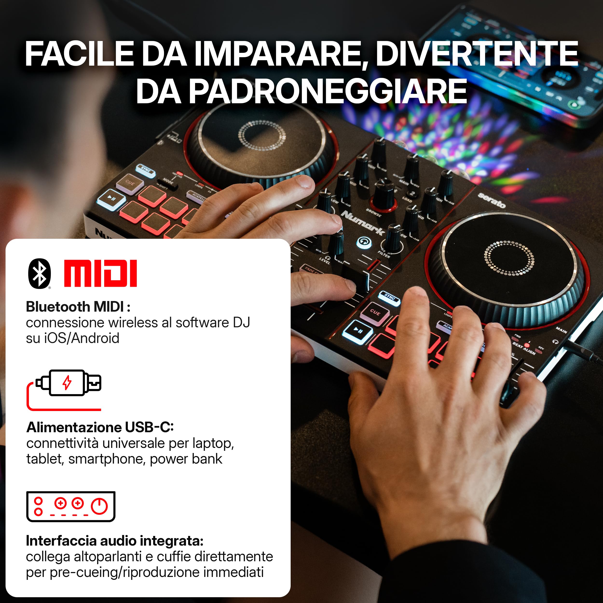 Numark Party Mix III Controller DJ Bluetooth con Luci Integrate | Beat Assist, Smart Fader, 16 pad, mixer DJ 2 deck, controllo Stems, USB-C, Serato DJ Lite e Algoriddim djay inclusi