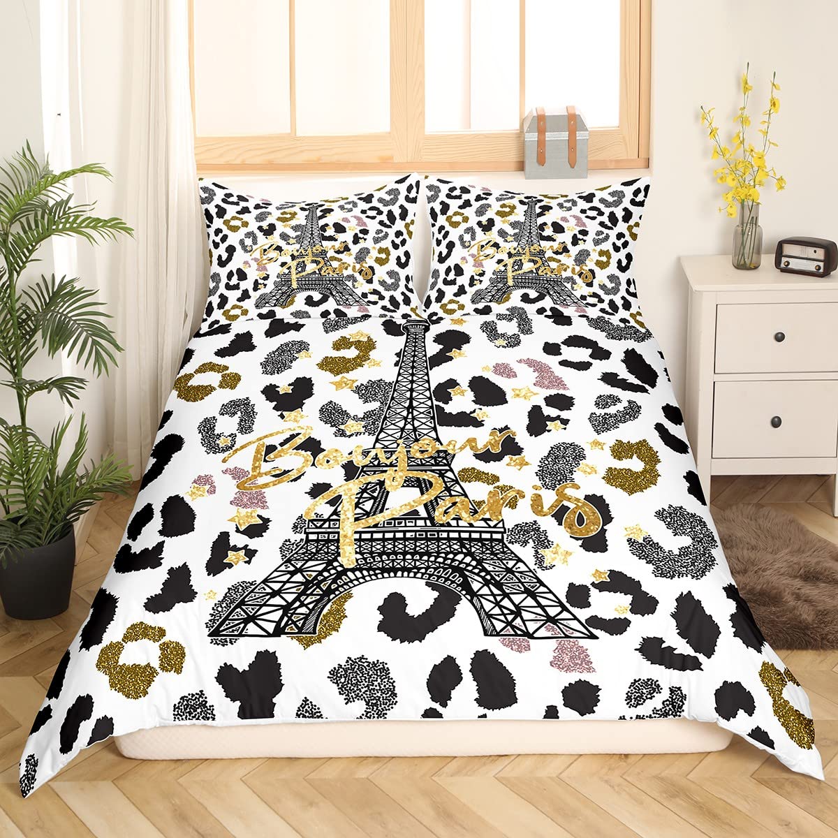 Loussiesd Eiffel Tower Duvet Cover Set Leopard Bedding Set for Kids Boys Girls Paris Tower Comforter Cover Cheetah 1 Duvet Cover with 2 Pillowcases Double Size - Image 3