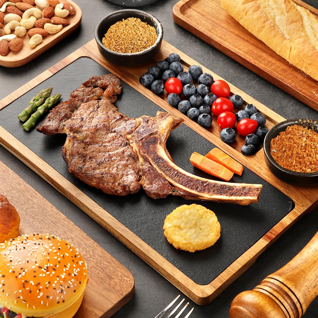 Placa de pizarra para servir carne, vajilla, placa de pizarra, de madera de acacia con 2 bandejas y compartimentos, plato de carne
