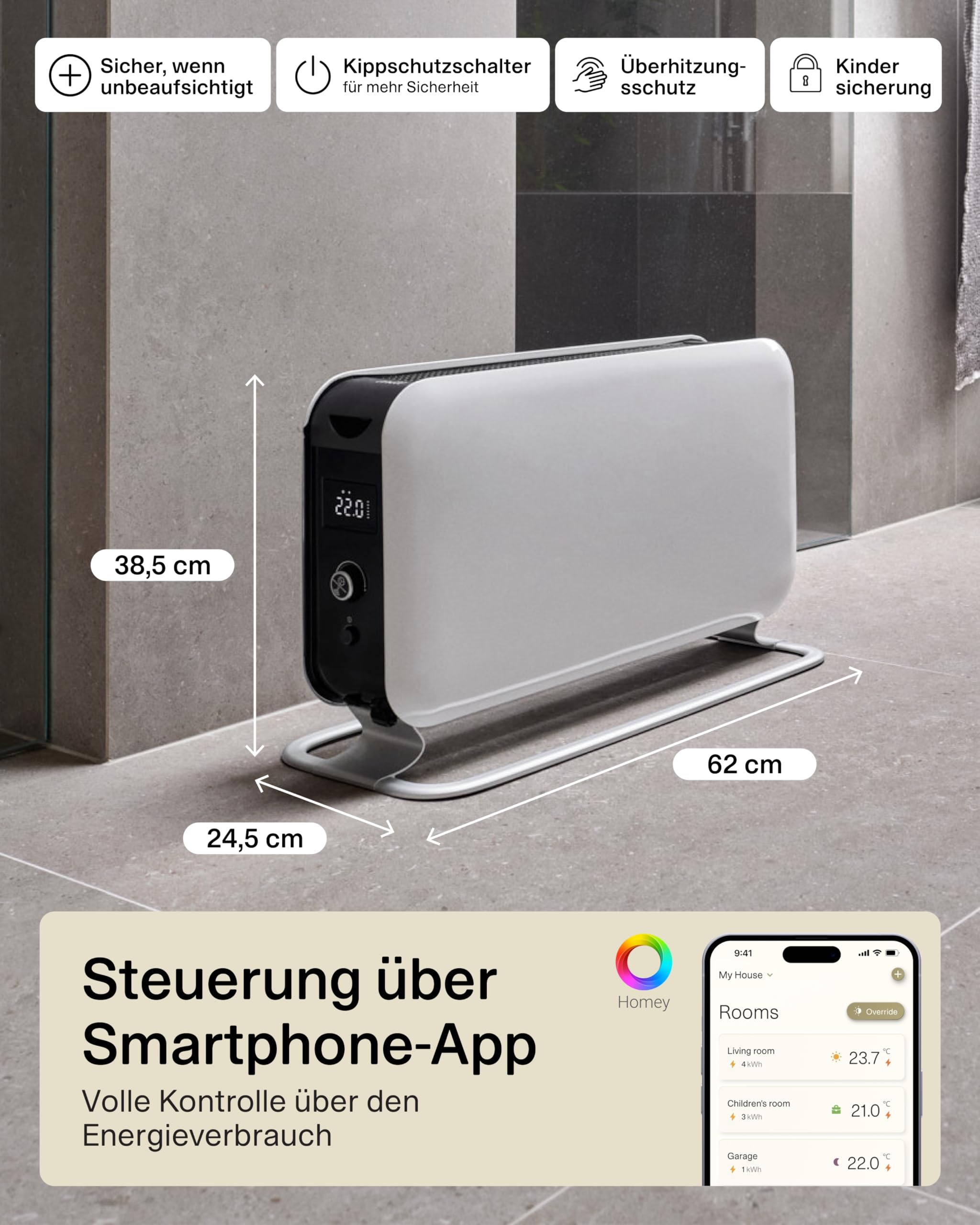 Mill WIFI Max Elektro Heizkörper 1500W, Smarter Badheizkörper elektrisch 18-22m², Elektroheizung energiesparend & freistehend, leise elektrische Heizung, Elektroheizkörper, Electric Heater - Weiß