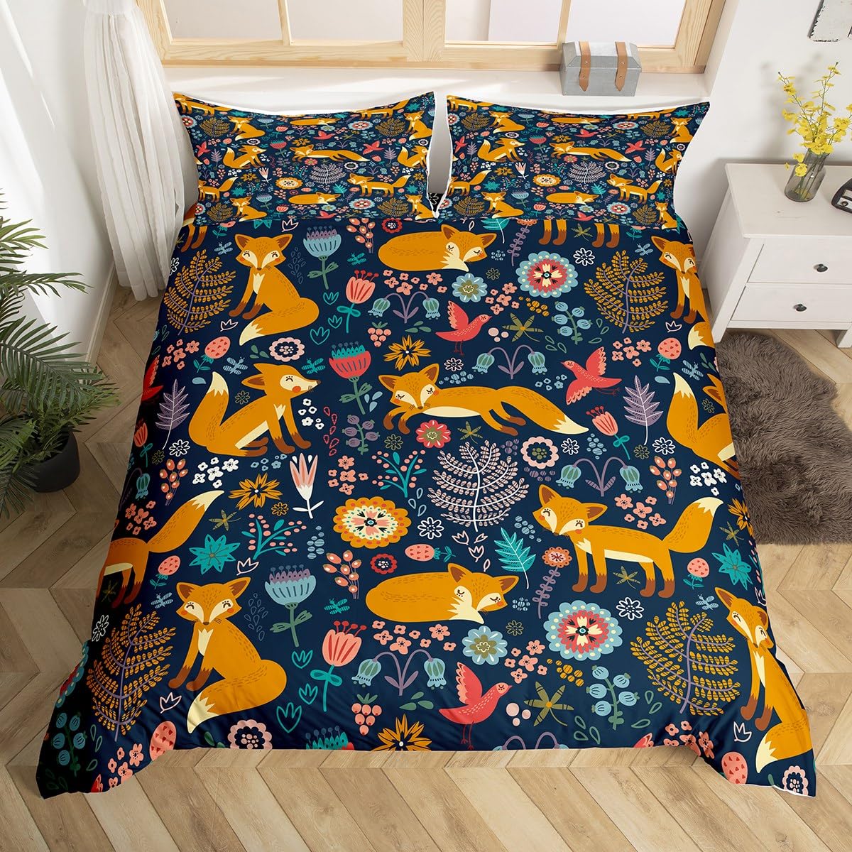 Cartoon Fox Duvet Cover Botanical Floral Bedding Set 3D Animal Comforter Cover for Boys Girls Kids Woodland Fox Nature Bedding & Linen Junior/Cot Bed Size With 1 Pillow Case โ image 1