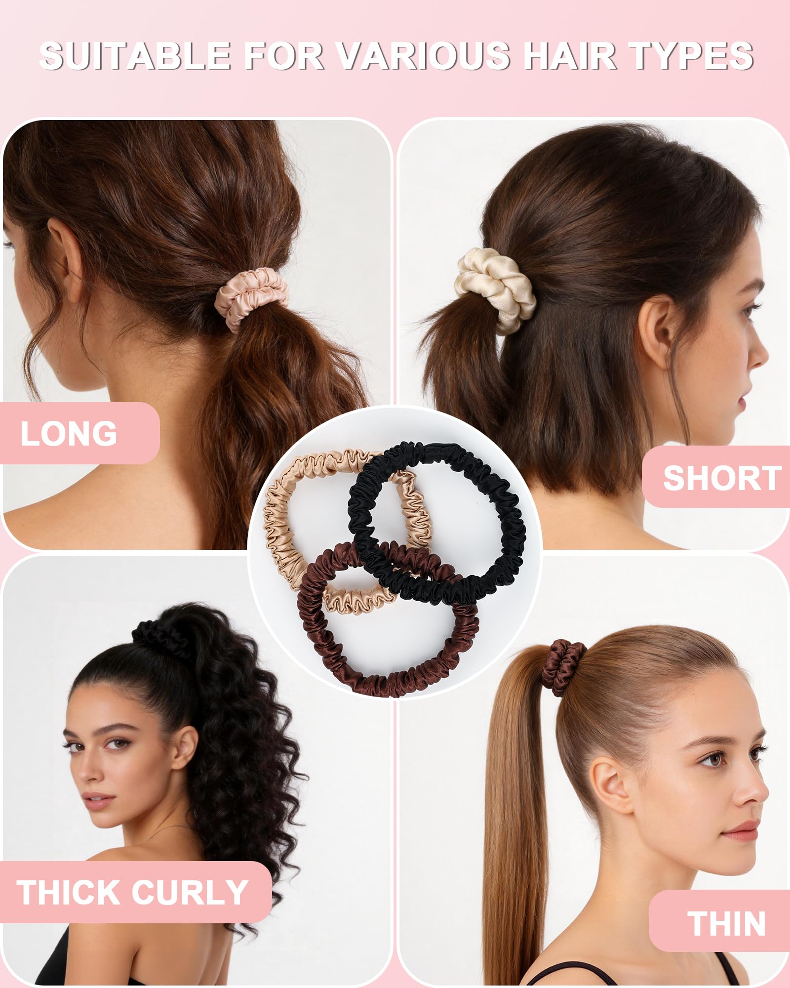 Pack de 4 Coleteros de Seda Natural 100% Mora 16 Momme, Gomas de Pelo Seda Antirotura para Mujer, Scrunchies Pelo Antifrizz para Dormir y Diario, Tonos Chocolate y Tierra