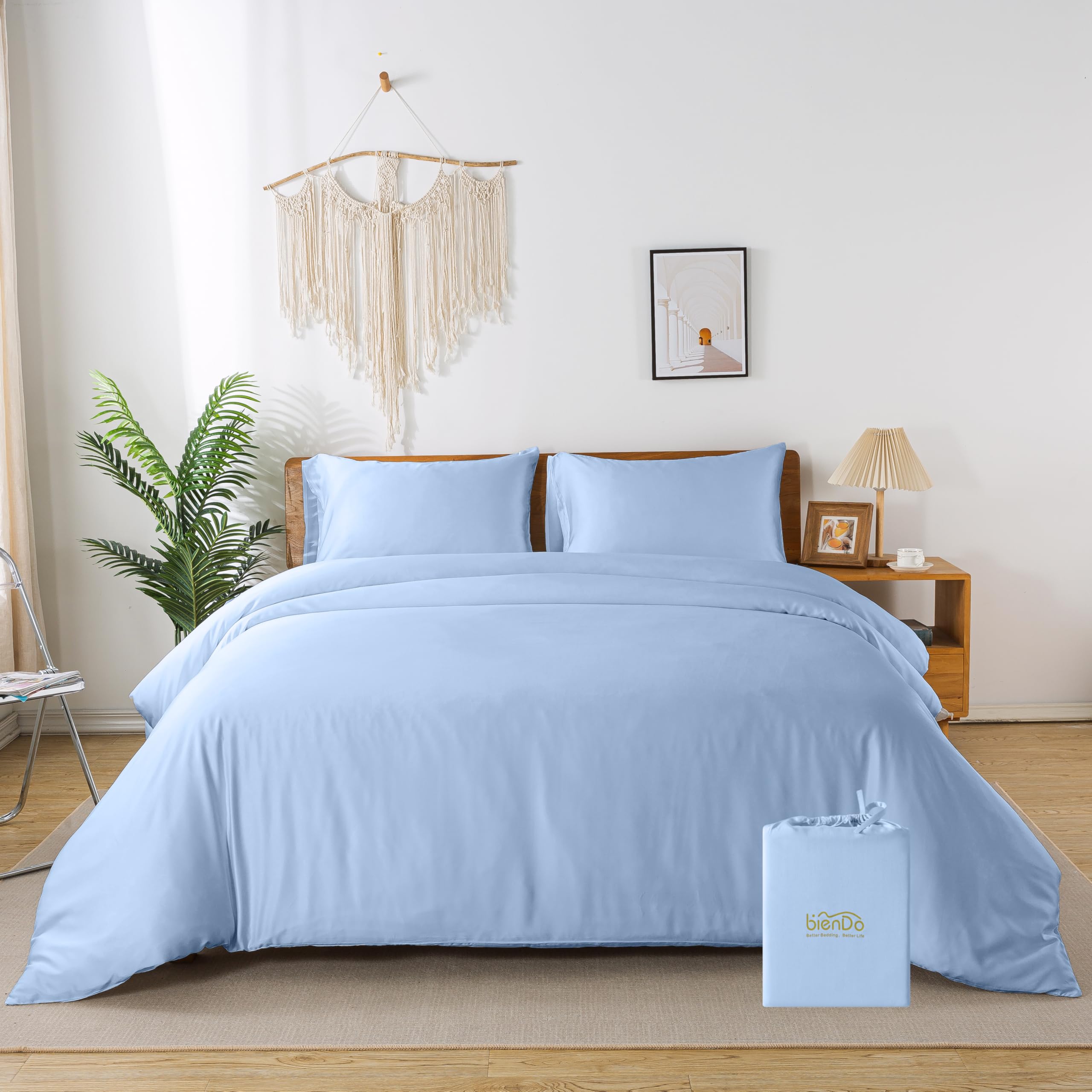Housse de couette 200x200 bleu en bambou et soie pour lit 2 personnes