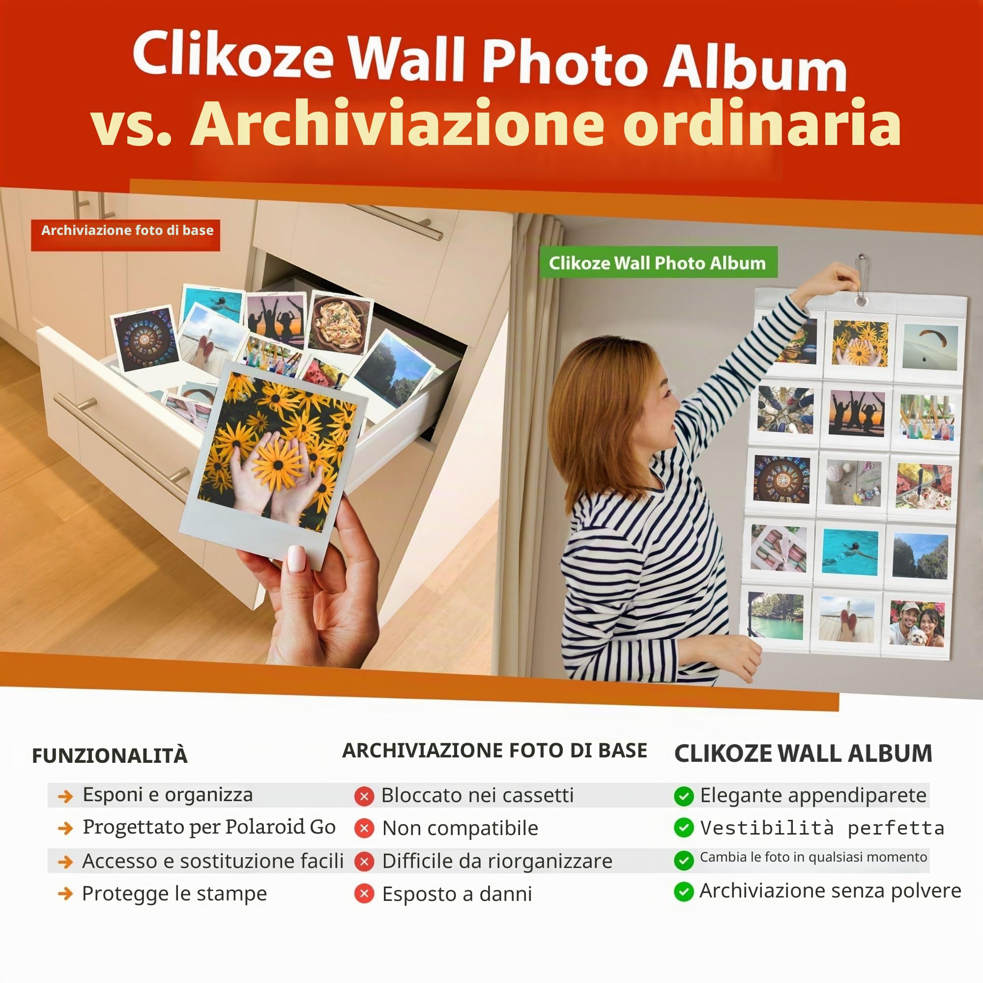 Set di 64 pellicole fotografiche a colori per fotocamera istantanea con Polaroid Go Film e album fotografico Clikoze Wall