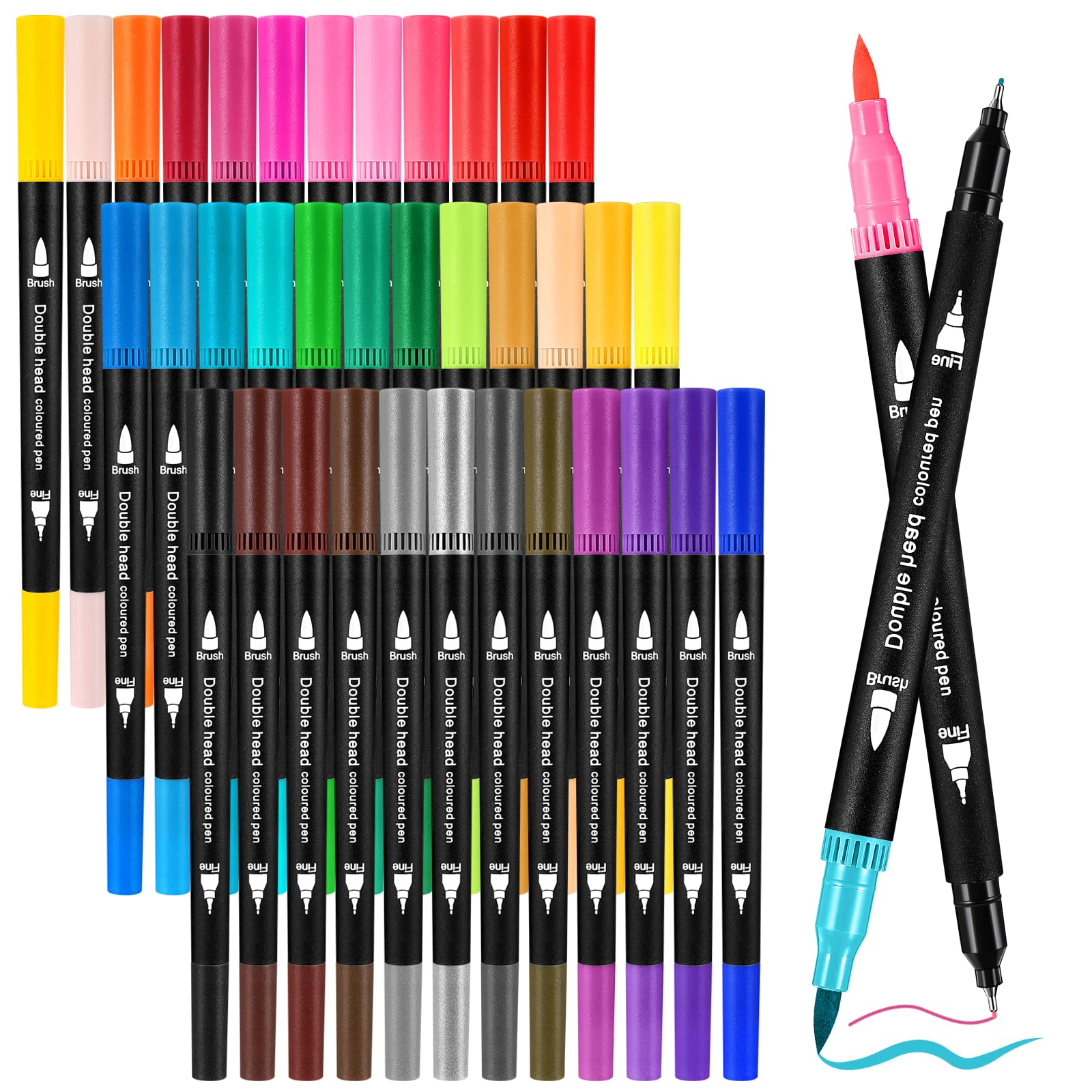 Zeawavsl Acrylic Marker Set, 36 Colors with Two Tips, Broad and Fine Markers, for Bullet Journal, Hand Letters, Calligraphy, Sleeve, Water-Based Ink (36)