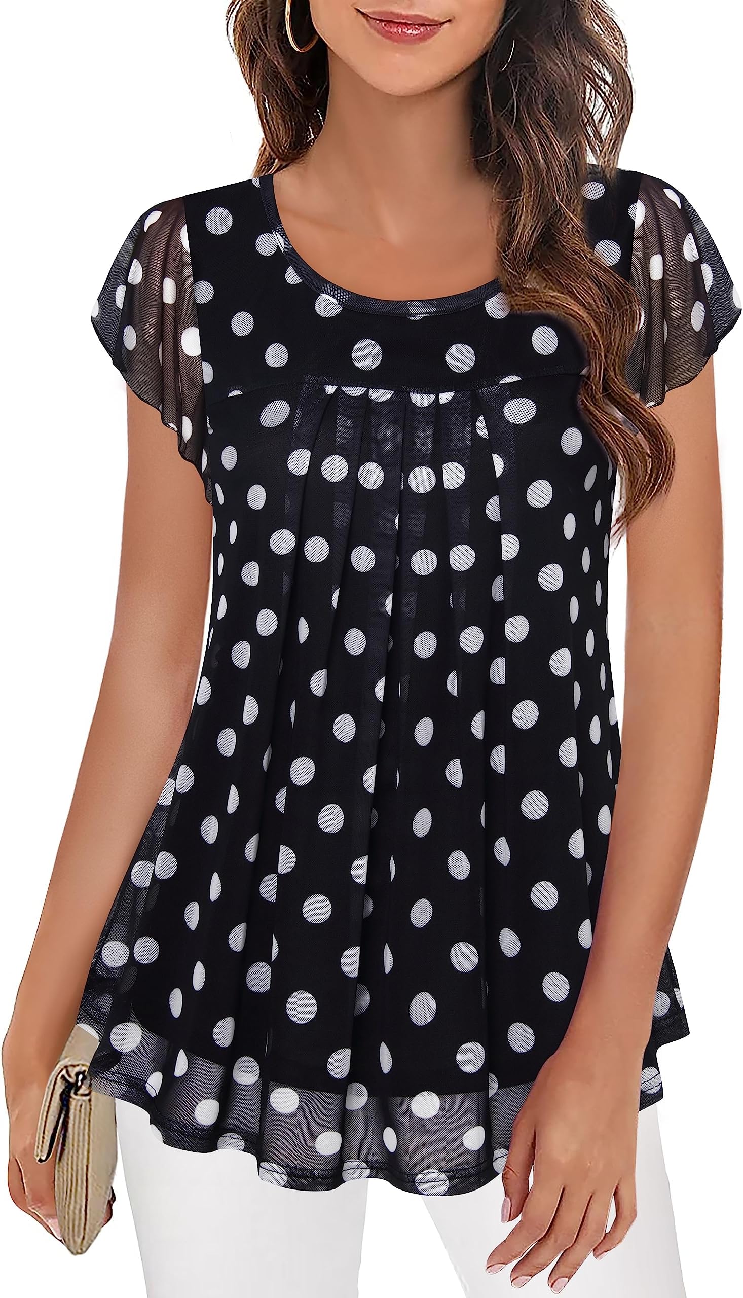 Women's Short Sleeve Tunic Shirt Pleated Mesh Blouses Summer Floral Tops