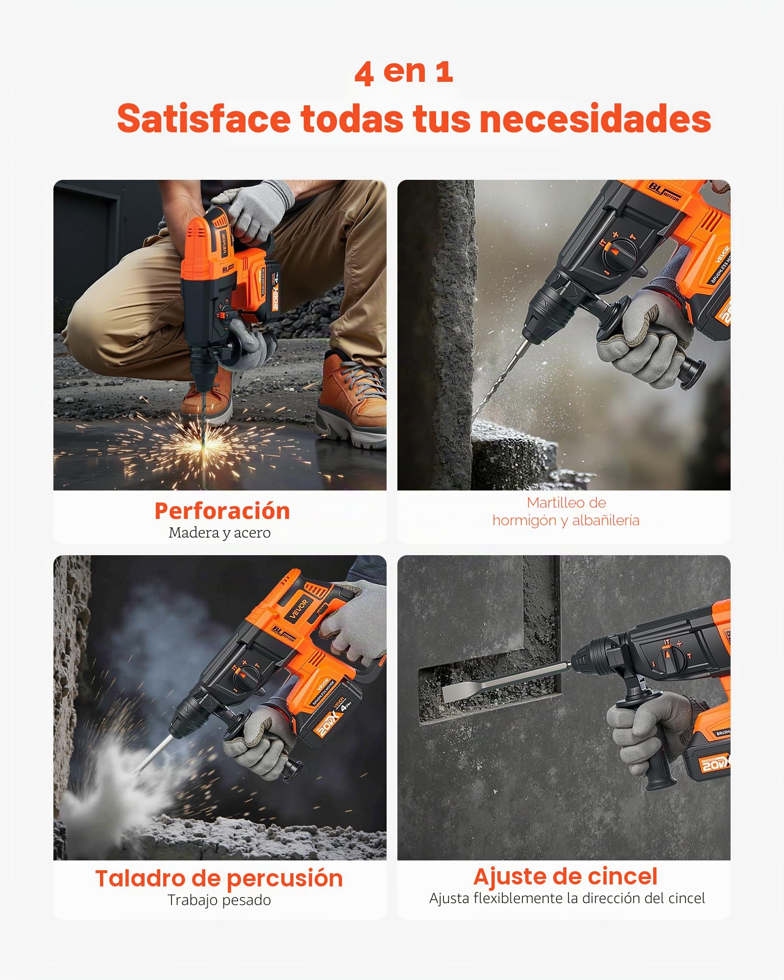 VEVOR Taladro Percutor Inalámbrico sin Escobillas, Atornillador Rotativo de 28 mm Kit de Herramientas Eléctricas Ligeras SDS-Plus con Batería de Litio y Cargador, 4 Funciones 1200 RPM 5300 BPM