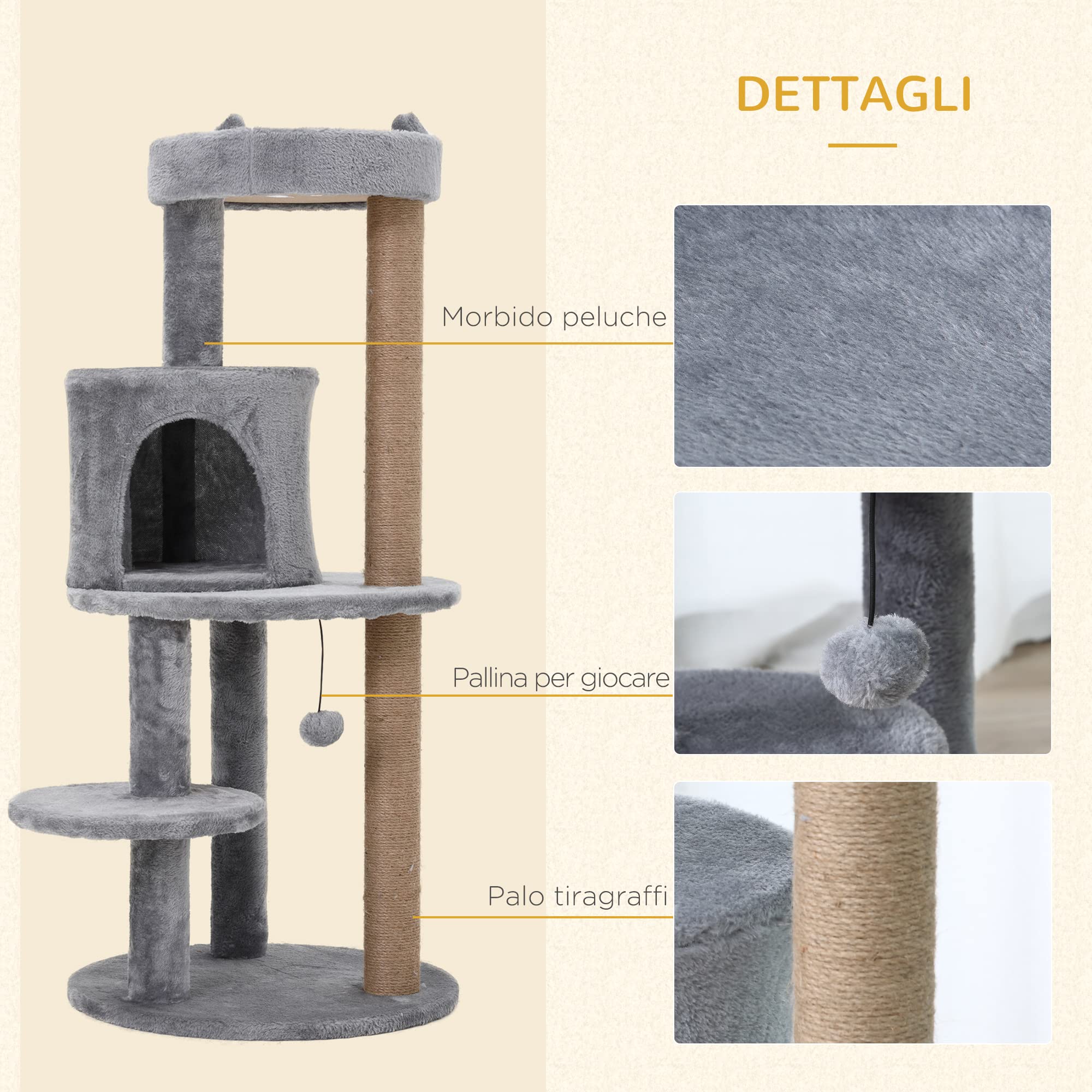 PawHut Albero Tiragraffi per Gatti a 3 Livelli 48x48x104 cm Grigio | Trespoli, Casetta, Pallina Appesa, in Legno, Sisal e Peluche